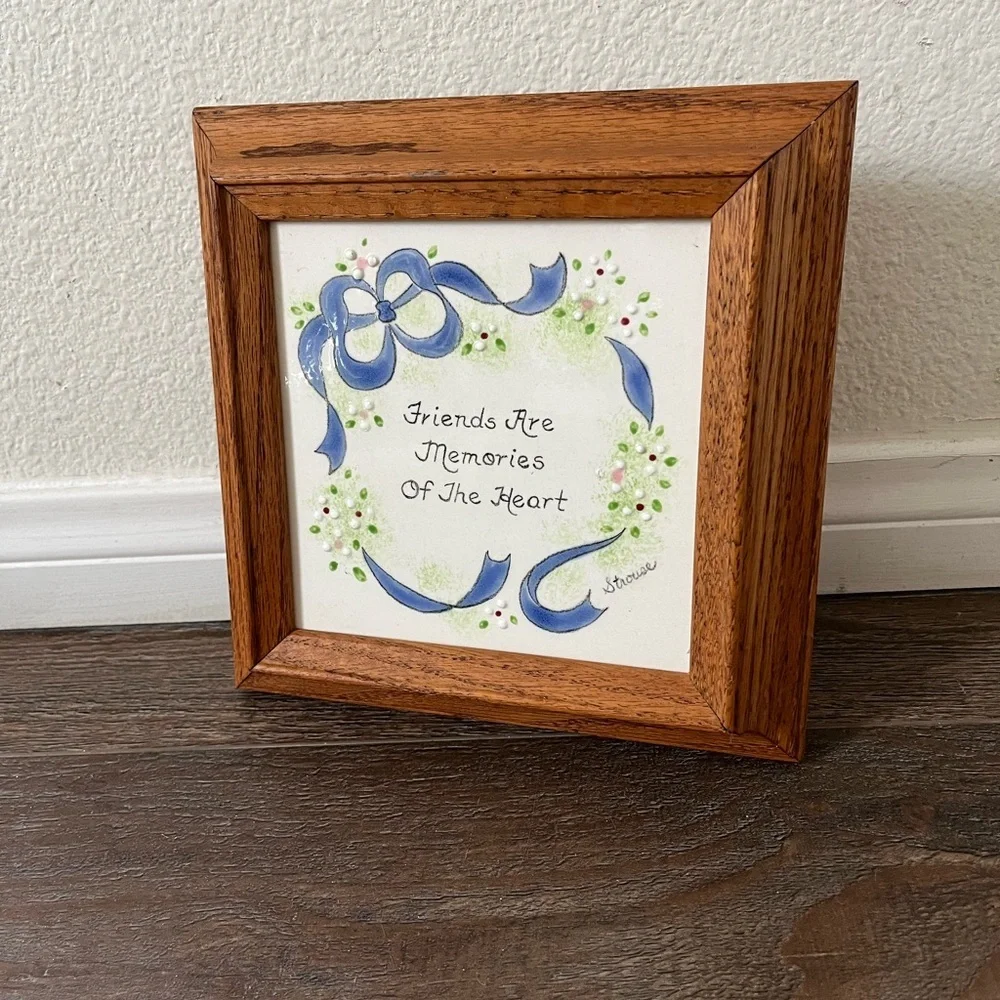 Wooden Framed Ceramic Wall Art with Blue Accents 9/9 Inch